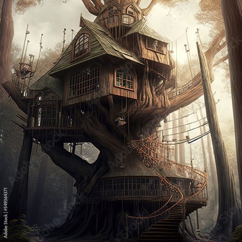 Fantasy treehouse. Dwelling of magical creatures like elves  gnomes  goblins and fairies. 