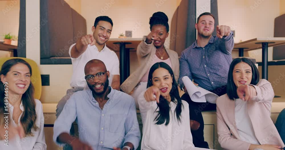Happy business people group pointing, selection and you, support or forward, HR hiring or collaboration. Portrait of happy workers, recruitment and finger, choice and hands, human resources and trust