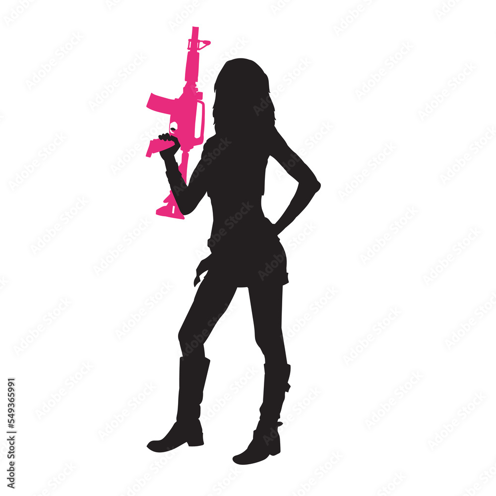 Young female spy illustration. woman carrying gun vector silhouette. Young female spy illustration. woman carrying gun vector silhouette.