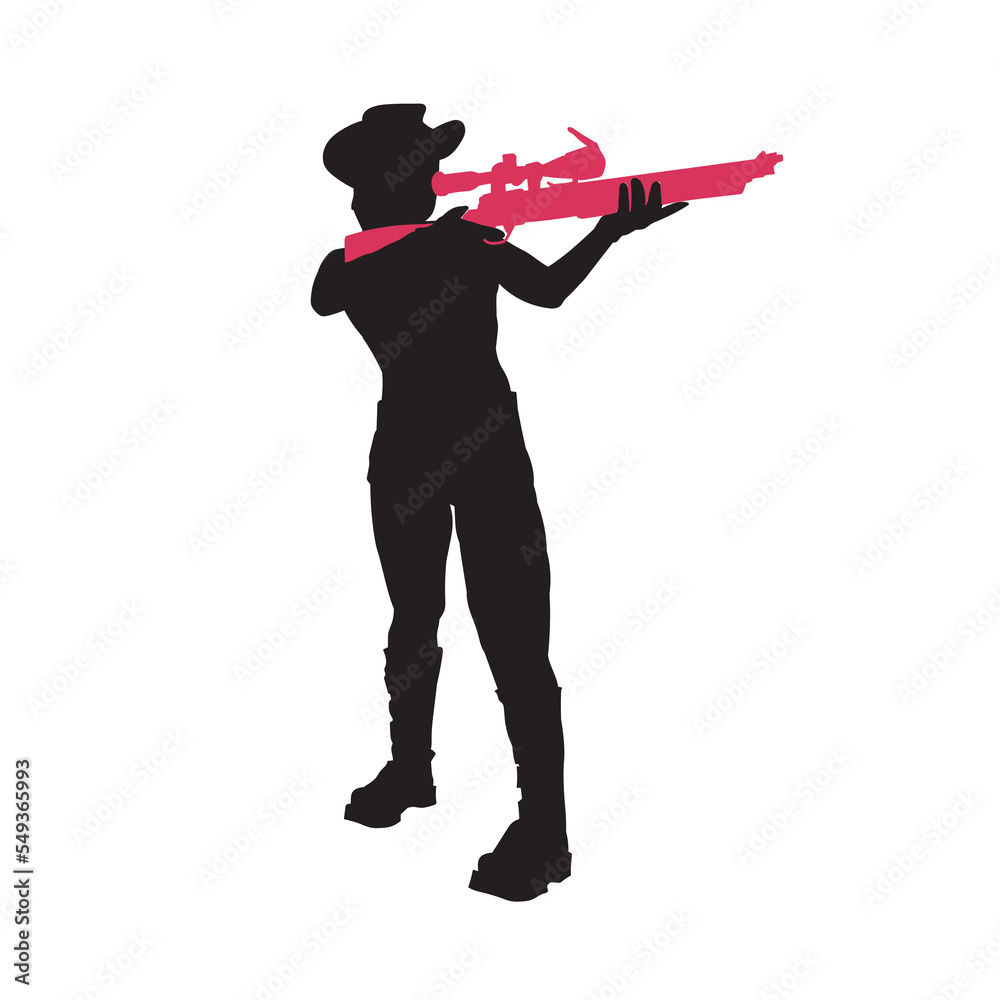 Young female spy illustration. woman carrying gun vector silhouette.