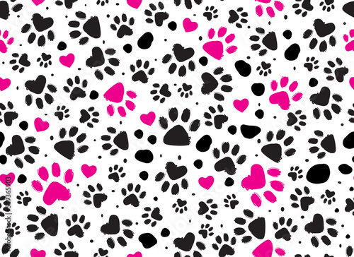Animal paw print seamless black and white pattern. Dalmatian Spots. Vector hand-drawn background. 