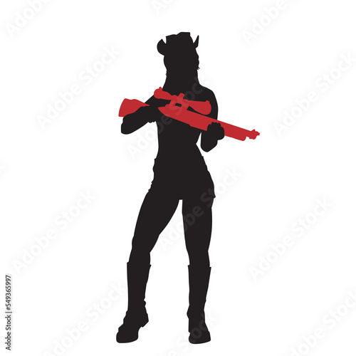 Young female spy illustration. woman carrying gun vector silhouette.