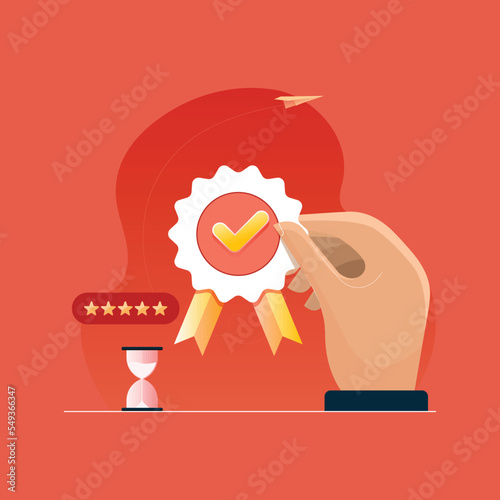 Hand holding Quality badge with premium product certificate guarantee, certified check mark ribbon label, award and warranty approved