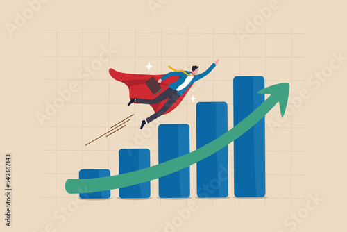 Growth or growing business success, increase sales or career improvement, earn more investment profit or earning, rising up or up trend concept, businessman superhero fly up exponential growth chart.