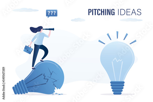 Pitching ideas. Brainstorming concept, smart business woman standing on extinguished bulb and search new good idea. Transformation, change management, transition to better innovative company.