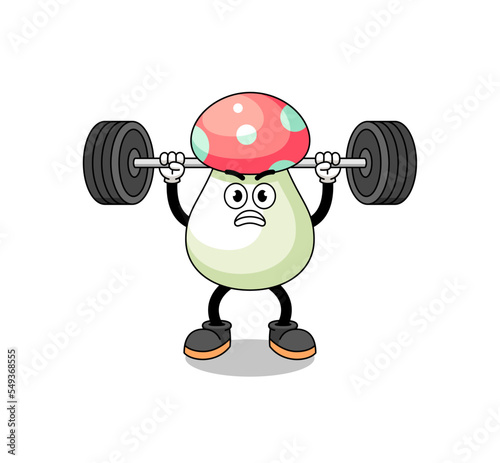 mushroom mascot cartoon lifting a barbell