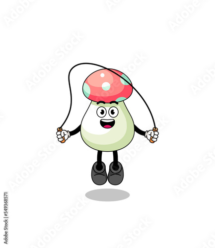 mushroom mascot cartoon is playing skipping rope