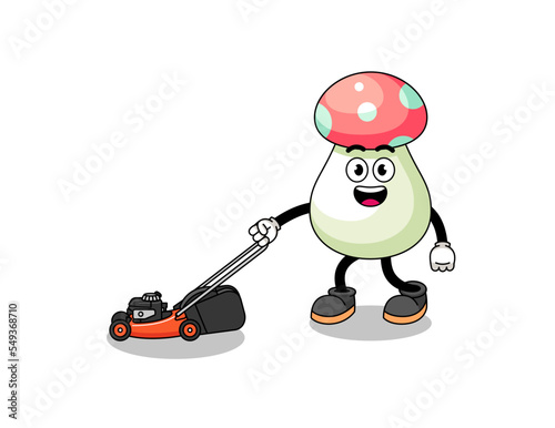 mushroom illustration cartoon holding lawn mower