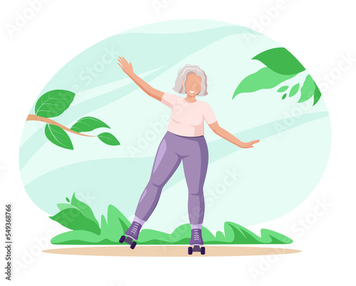 A cheerful elderly woman is roller skating. Active old age. Cartoon design.
