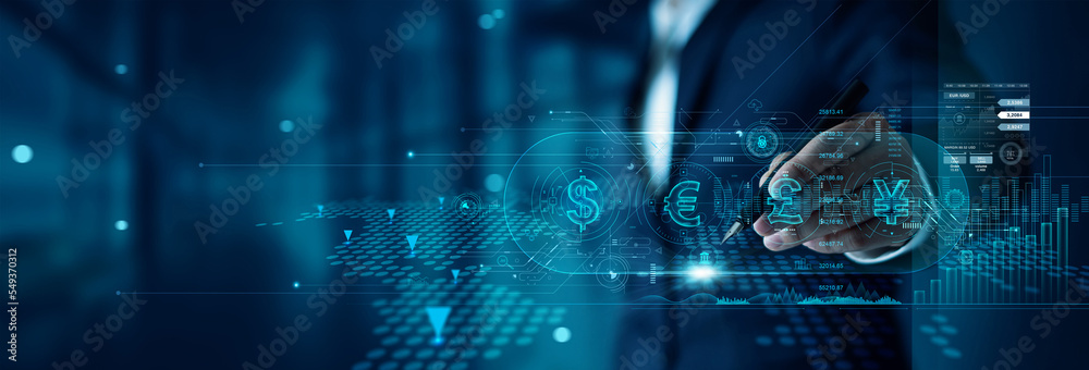 Currency exchange forex trading business concept, FinTech and  financial technology, Businessman touch of banking icon and sign currency on forex trading graph, Economy and finance investment.