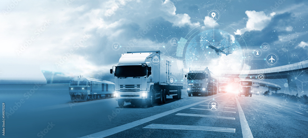 Logistics and transportation, Integrated warehousing and transportation operation service. Network distribution of Container Cargo, Smart logistics and future of transport on global networking. - obrazy, fototapety, plakaty 