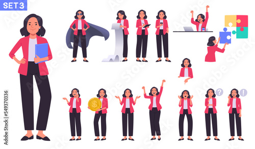 Businesswoman character set. Business woman or office worker in different poses, actions and gestures. Manager thinks, rejoices in success, puts together a puzzle