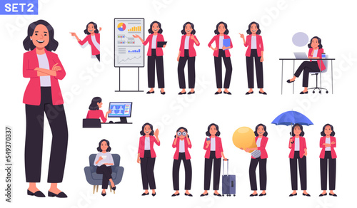 Business woman or office worker character set. Businesswoman in different poses, gestures and actions. The manager makes a presentation, points, has ideas