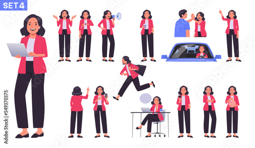 Business woman character collection. Office worker or businesswoman in different actions, gestures and poses. Manager runs, drives a car, attracts an audience