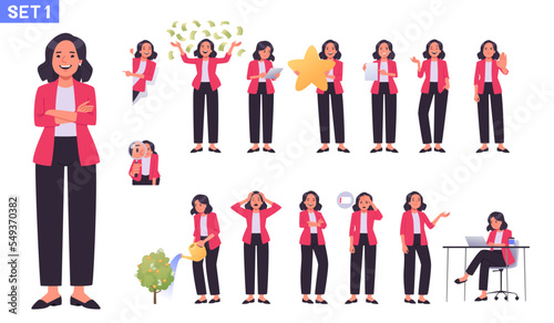 Business woman character set. Businesswoman or office worker in various poses, emotions, gestures. The manager searches, invests, speaks, works