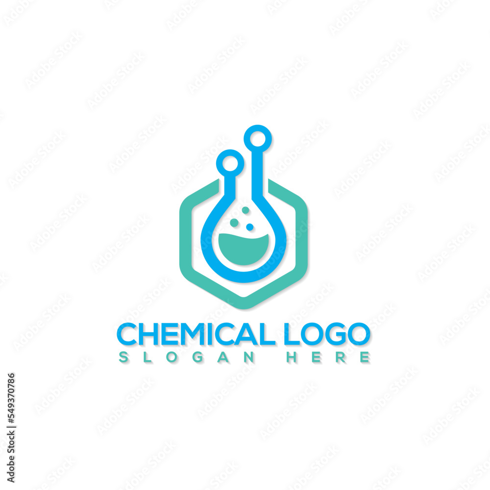 Chemical logo design.  jar, tube, liquid chemical with hexagon icon. professional creative and eye-catching logo for chemical company.