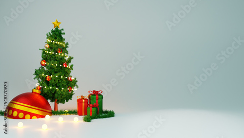 3d illustration Christmas and new year background 3d render xmas pine tree, gift box xmas ball. greeting card, banner, poster