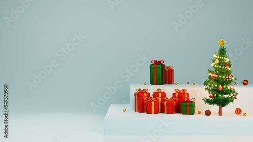 3d illustration Christmas and new year background 3d render xmas pine tree, gift box xmas ball. greeting card, banner, poster © Anggel