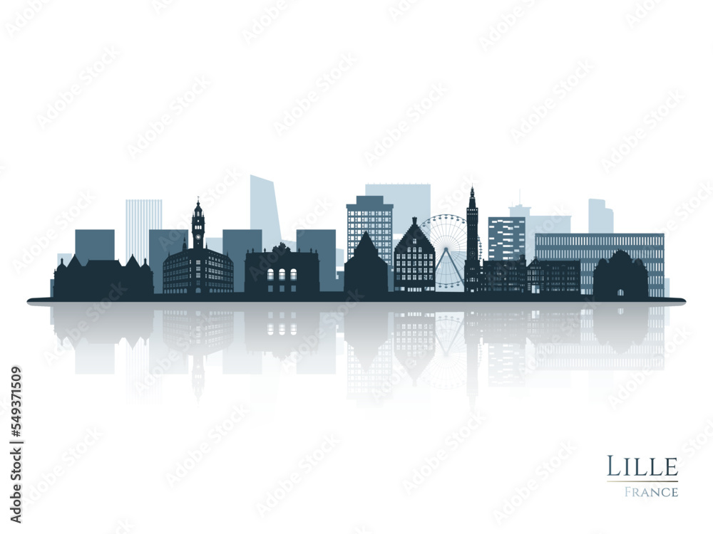 Lille skyline silhouette with reflection. Landscape Lille, France. Vector illustration.