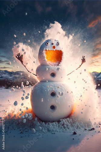 Exploding Christmas Snowman in a winter wonderland copy space happy holiday