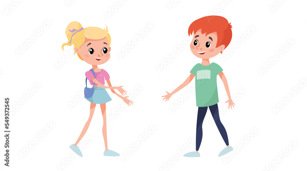 Two caucasian children meet to each other. School boy going to shake the hand his new friend. Boy and girl friends have fun. Vector illustration isolated on white.