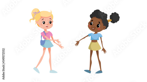 Two children meet to each other. Caucasian girl going to shake the hand his new Afro American friend. School friends have fun. Vector illustration isolated on white.