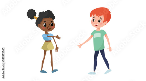 Two children meet to each other. Afro American girl going to shake the hand his new Caucasian  boy friend. School friends have fun. Vector illustration isolated on white.