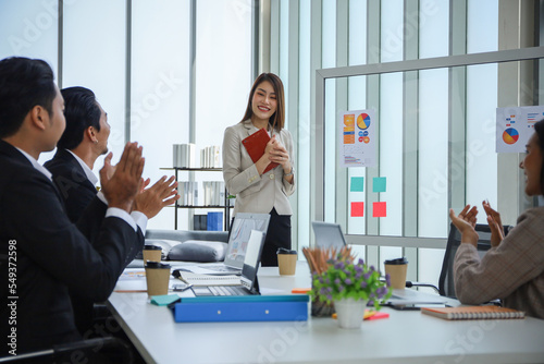 Business people relax meeting in office by using laptop computer and discussion or brainstorming