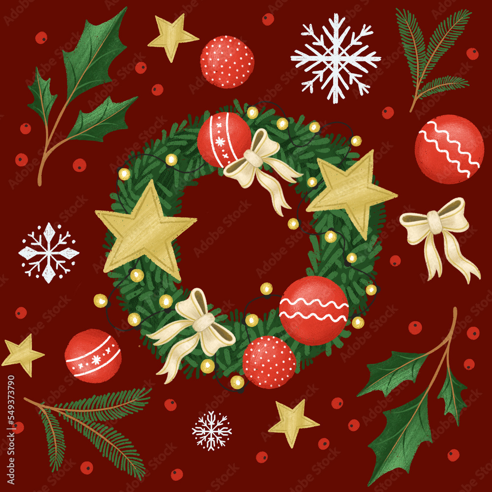 Christmas Seamless Pattern Background With Wreath, Baubles, Holly & Stars
