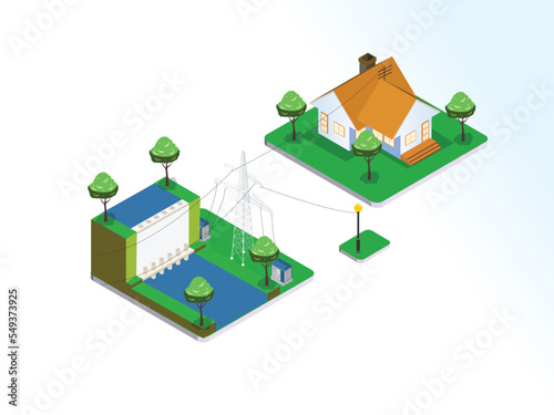 Hydroelectric dam and a house, isometric illustration design