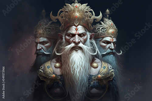 AI generated image of Hindu God Brahma, the three-headed creator of the universe and all life forms photo