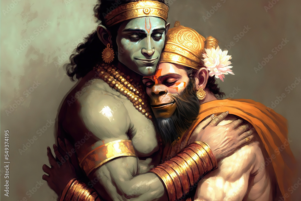 AI generated image of Hindu god Lord Rama hugging his devotee Lord Hanuman  Stock Illustration | Adobe Stock