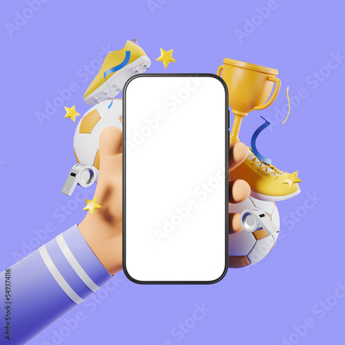 Cartoon hand with mockup phone display, cup with football accessories