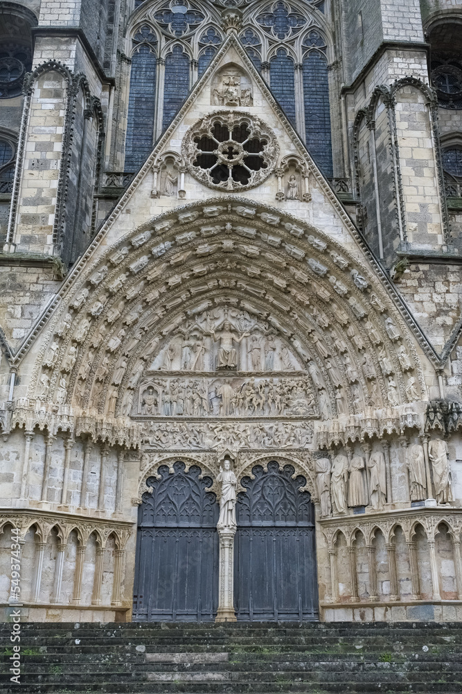 Bourges, medieval city in France, Saint-Etienne cathedral, main entry with saints statues
