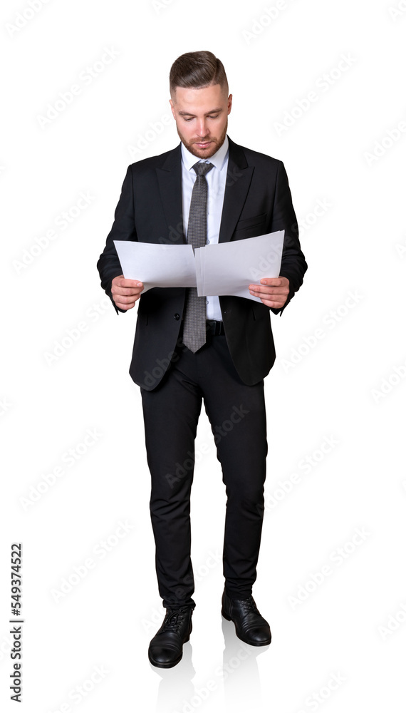 Businessman look through papers in hands, isolated over white ba Businessman look through papers in hands, isolated over white ba
