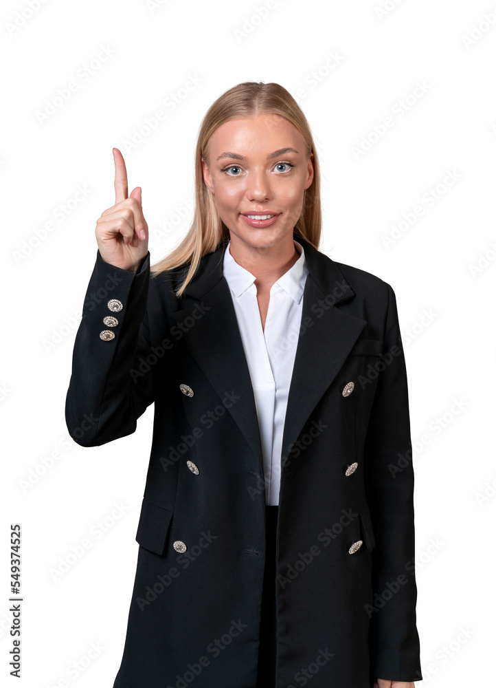 Businesswoman with finger pointing up, isolated over white backg Businesswoman with finger pointing up, isolated over white backg