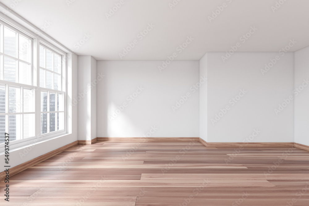 Light empty studio interior and panoramic window on skyscrapers. Mockup wall