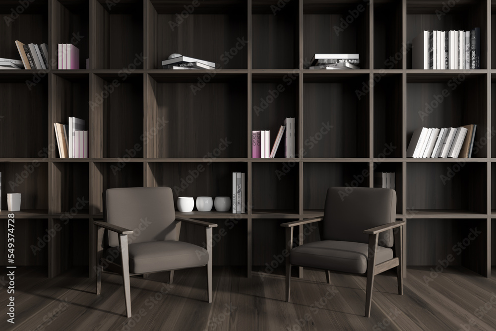 Front view on dark living room interior with two armchairs Front view on dark living room interior with two armchairs