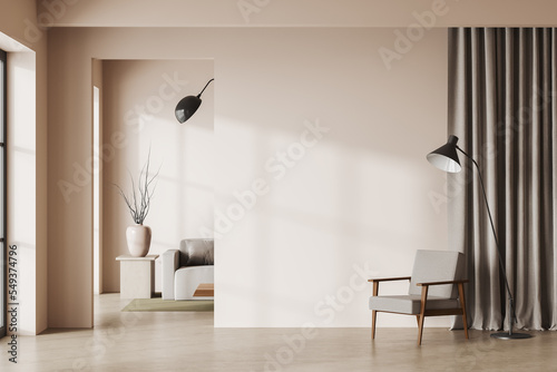 Light relaxing room interior with sofa and armchair, mockup wall photo