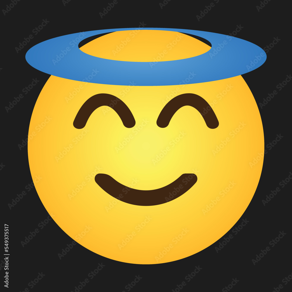 Smiling Face with Halo vector emoji. Isolated yellow face with smiling eyes, closed smile, and halo angel blue overhead sign design. Smiling Face with Halo vector emoji. Isolated yellow face with smiling eyes, closed smile, and halo angel blue overhead sign design.