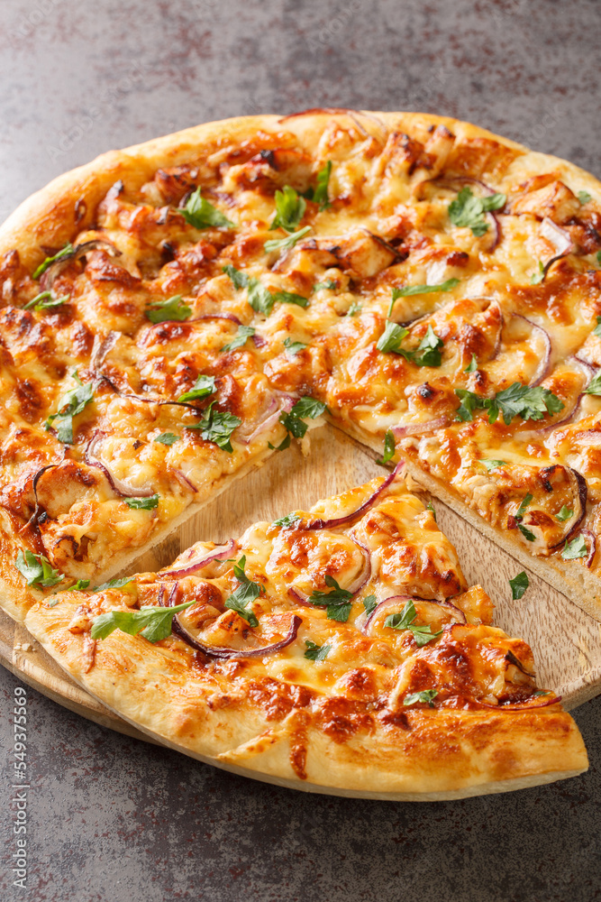Homemade barbecue chicken pizza with onion and special sauce closeup on the wooden board on the table. Vertical Homemade barbecue chicken pizza with onion and special sauce closeup on the wooden board on the table. Vertical