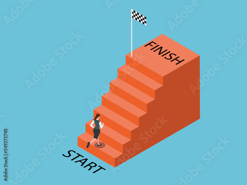 Business competition vector concept: Businesswoman running on the stairs toward finish flag