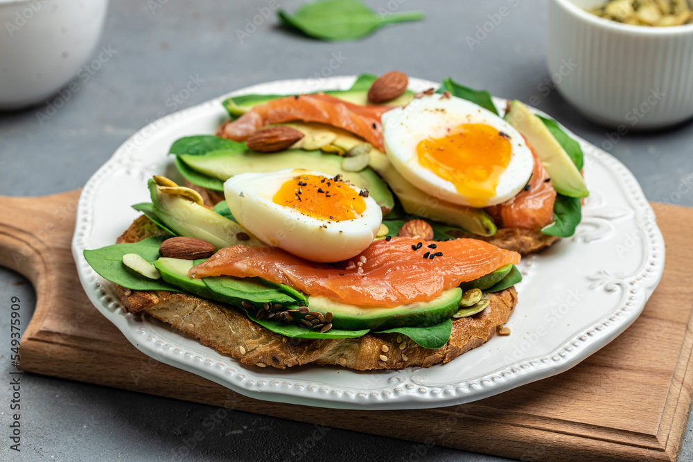 Toast salmon, avocado, cheese, egg, spinach, nuts and coffee, Healthy fats, clean eating for weight loss. Ketogenic diet breakfast. top view Toast salmon, avocado, cheese, egg, spinach, nuts and coffee, Healthy fats, clean eating for weight loss. Ketogenic diet breakfast. top view