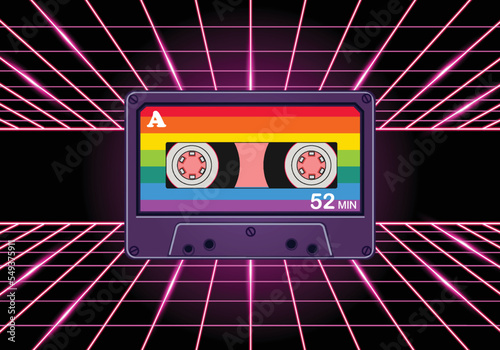 Vector illustration of a rainbow-colored retro cassette isolated on the neon grid line background