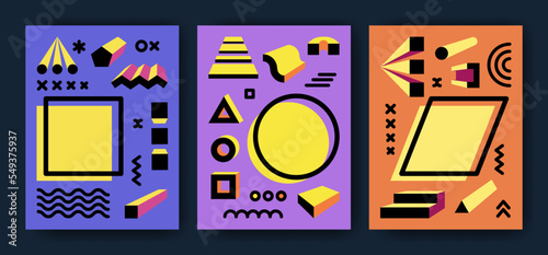 A set of bright memphis style covers with various spatial shapes. Empty templates for design. Vector illustration. Flyer options.
