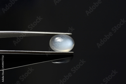 Oval moonstone gem in tweezers on black background. White opalescent sheen shimmer. Semitransparent cabochon setting for making jewelry.  Mined and polished in India. Common feldspar group stone.