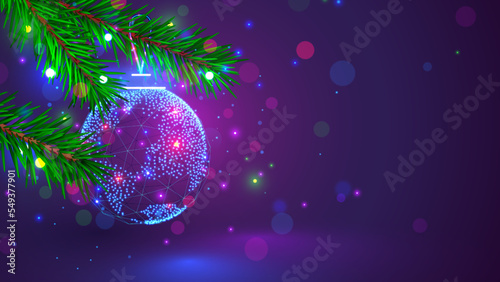 Merry Christmas and Happy New Year card in computer technology style. Globe in shape Christmas ball decoration on christmas tree close up. New tech Digital internet communication congratulation card.