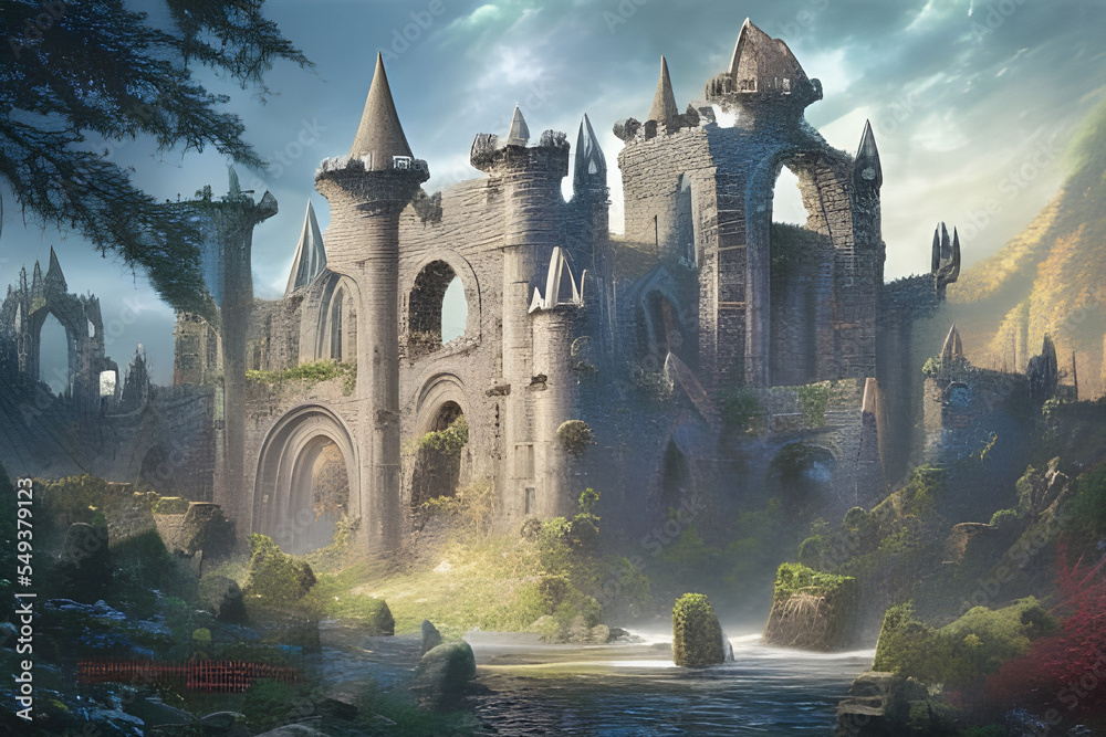 Fantasy landscape with ruins of Mediaeval Castle in the mountains. Digital illustration. CG Artwork Background