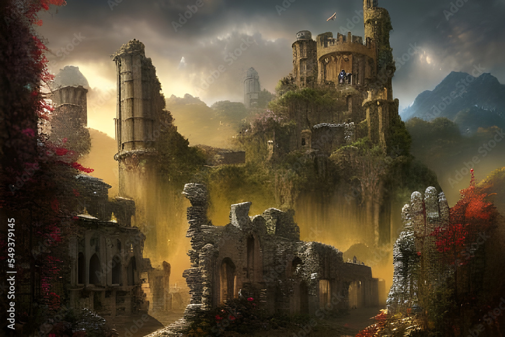 Fantasy landscape with ruins of Mediaeval Castle in the mountains. Digital illustration. CG Artwork Background