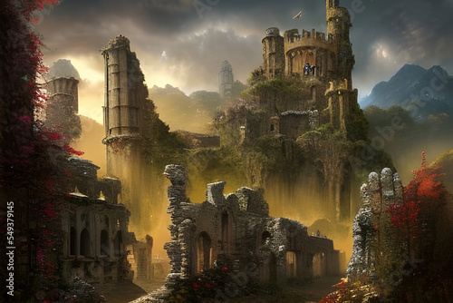 Fantasy landscape with ruins of Mediaeval Castle in the mountains. Digital illustration. CG Artwork Background © Irina B